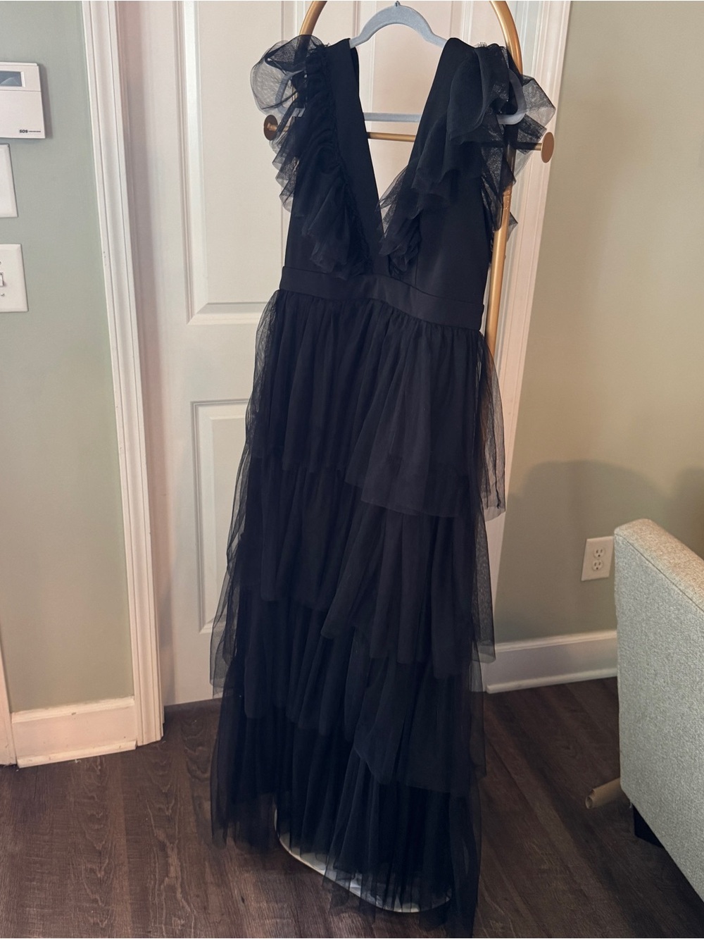 Black Ruffled V-Neck Layered Tulle Prom Dress